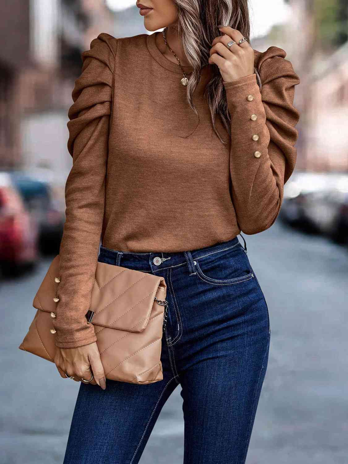 Decorative Button Puff Sleeve Shirt