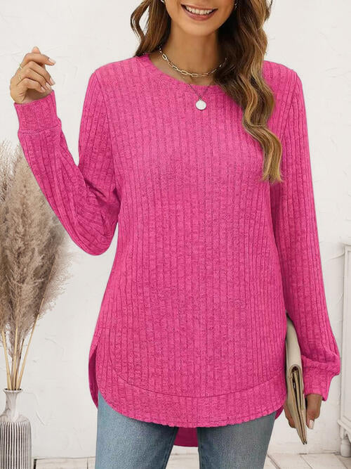 Ribbed Round Neck Long Sleeve Shirt
