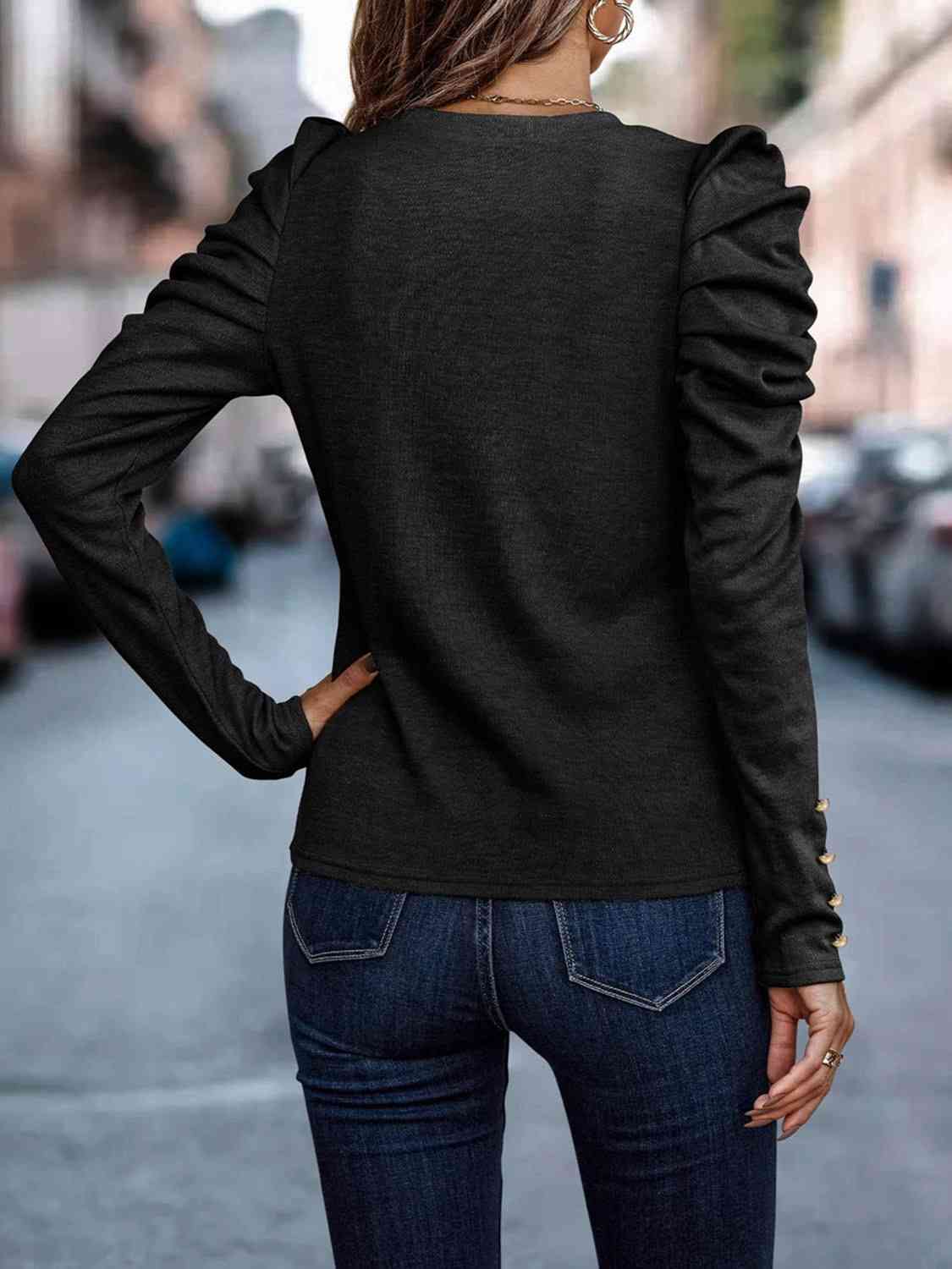 Decorative Button Puff Sleeve Shirt
