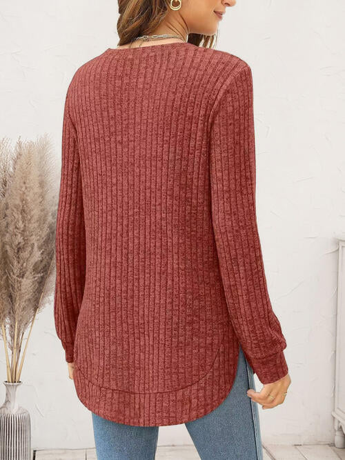 Ribbed Round Neck Long Sleeve Shirt
