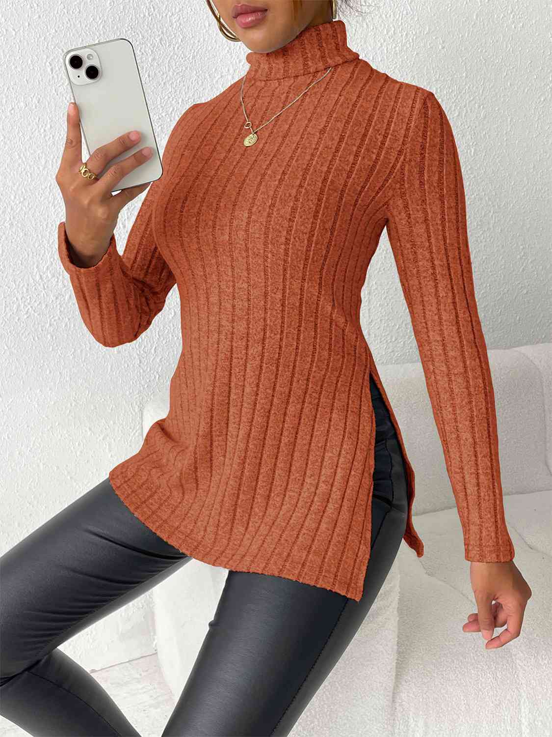 Ribbed Turtleneck Long Sleeve Slit Shirt