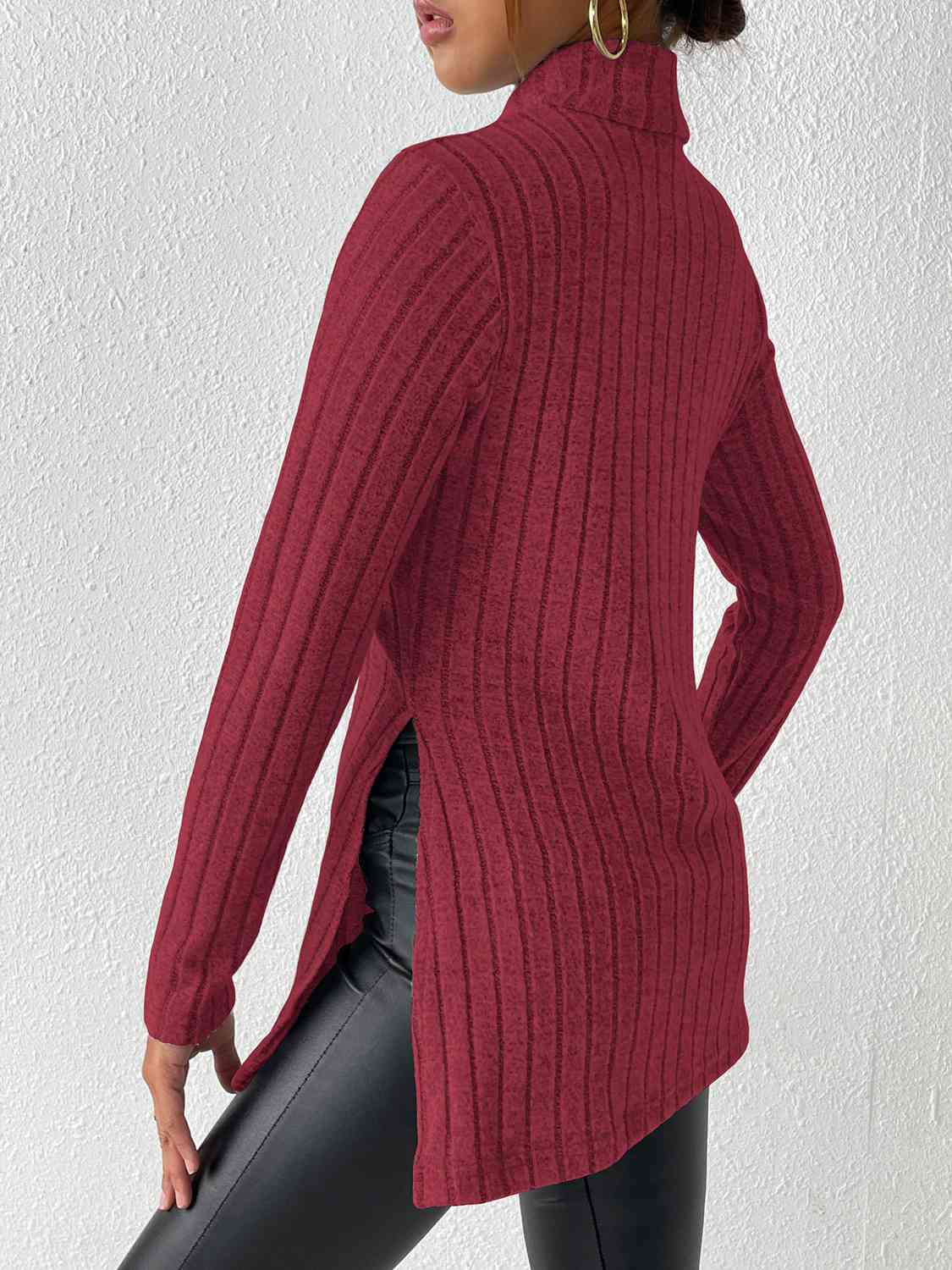 Ribbed Turtleneck Long Sleeve Slit Shirt
