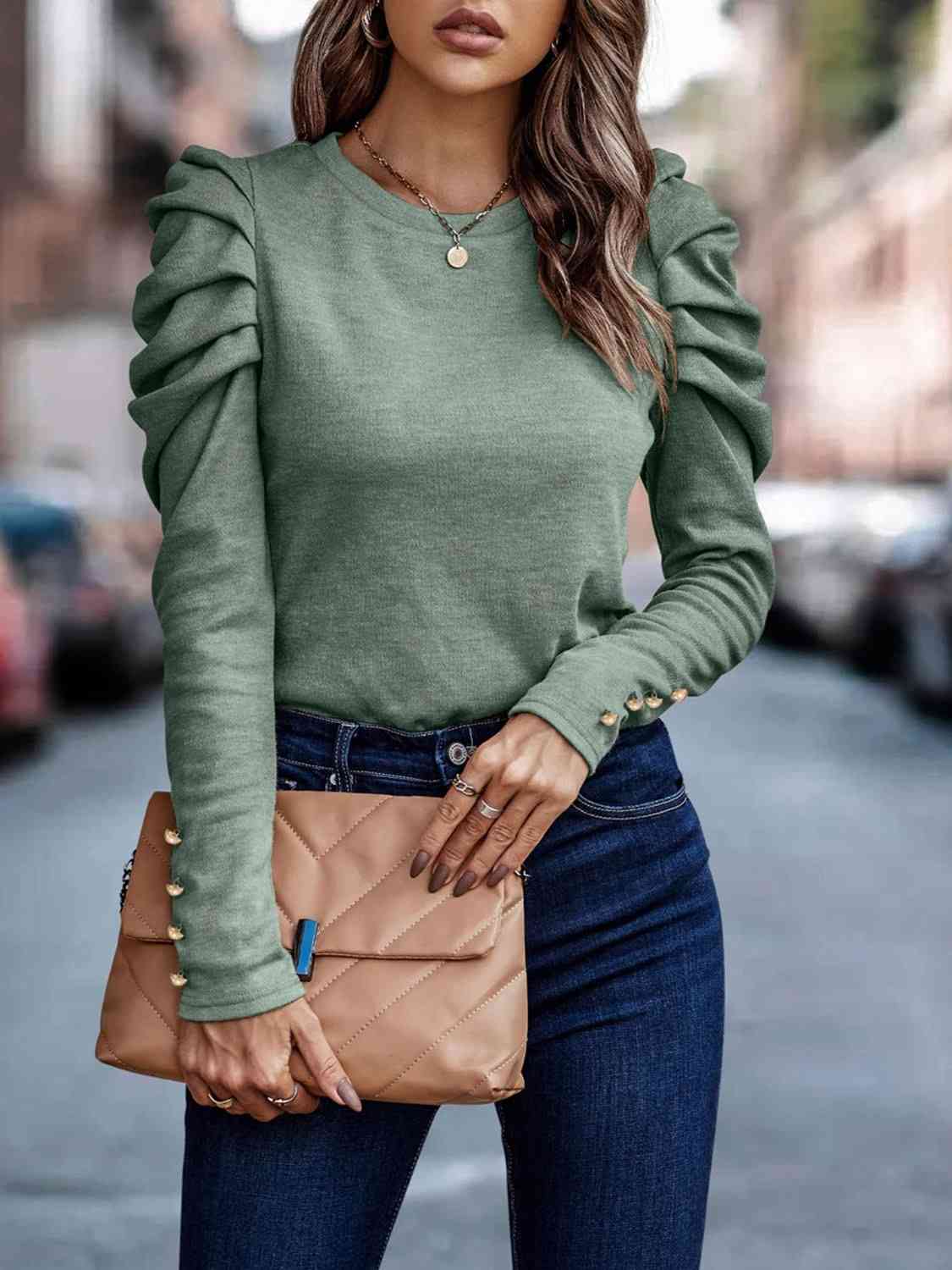 Decorative Button Puff Sleeve Shirt