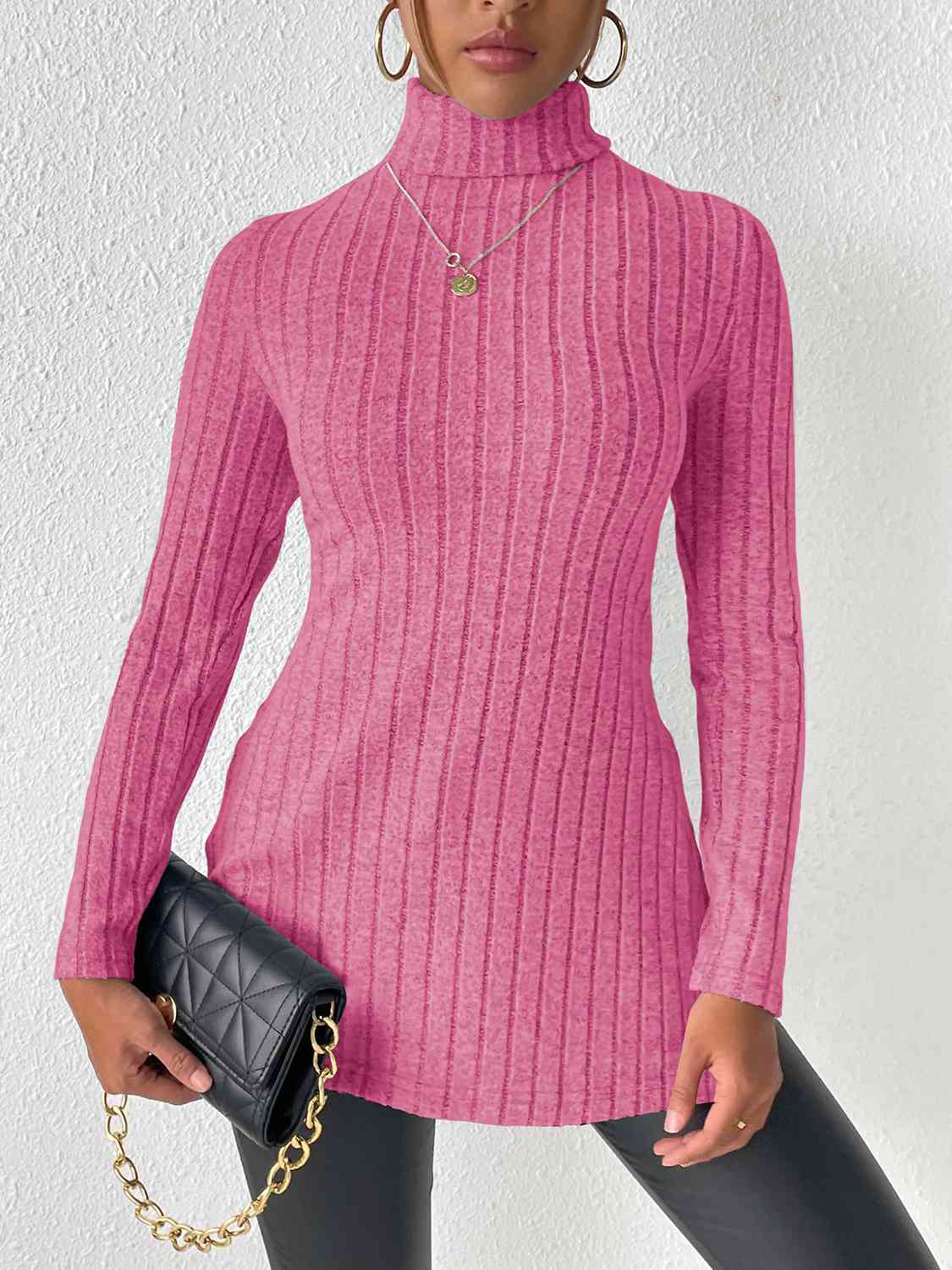 Ribbed Turtleneck Long Sleeve Slit Shirt