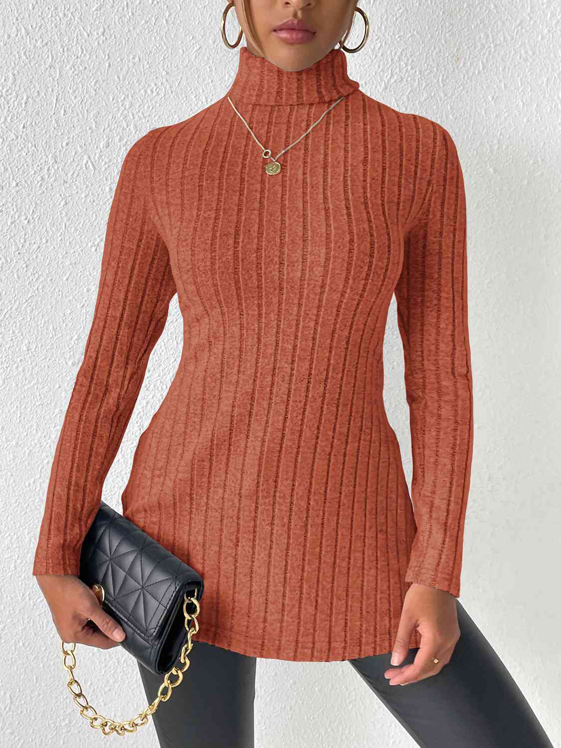 Ribbed Turtleneck Long Sleeve Slit Shirt