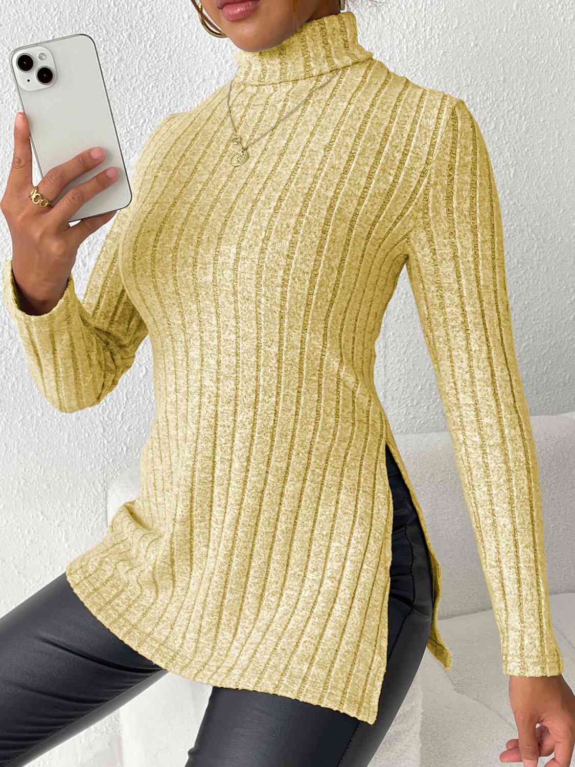 Ribbed Turtleneck Long Sleeve Slit Shirt