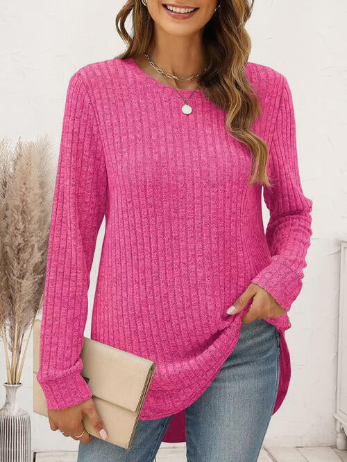 Ribbed Round Neck Long Sleeve Shirt
