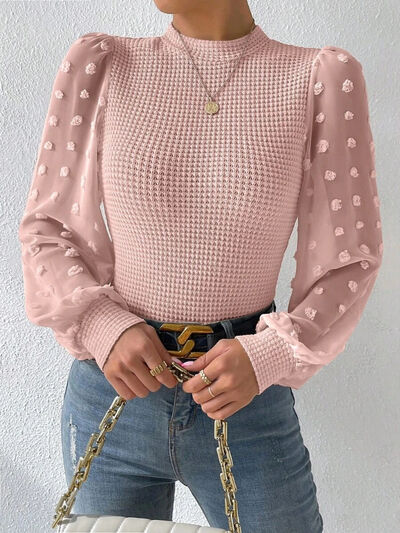 Swiss Dot Waffle-Knit Lantern Sleeve Shirt