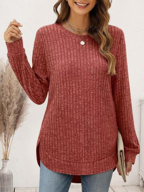 Ribbed Round Neck Long Sleeve Shirt