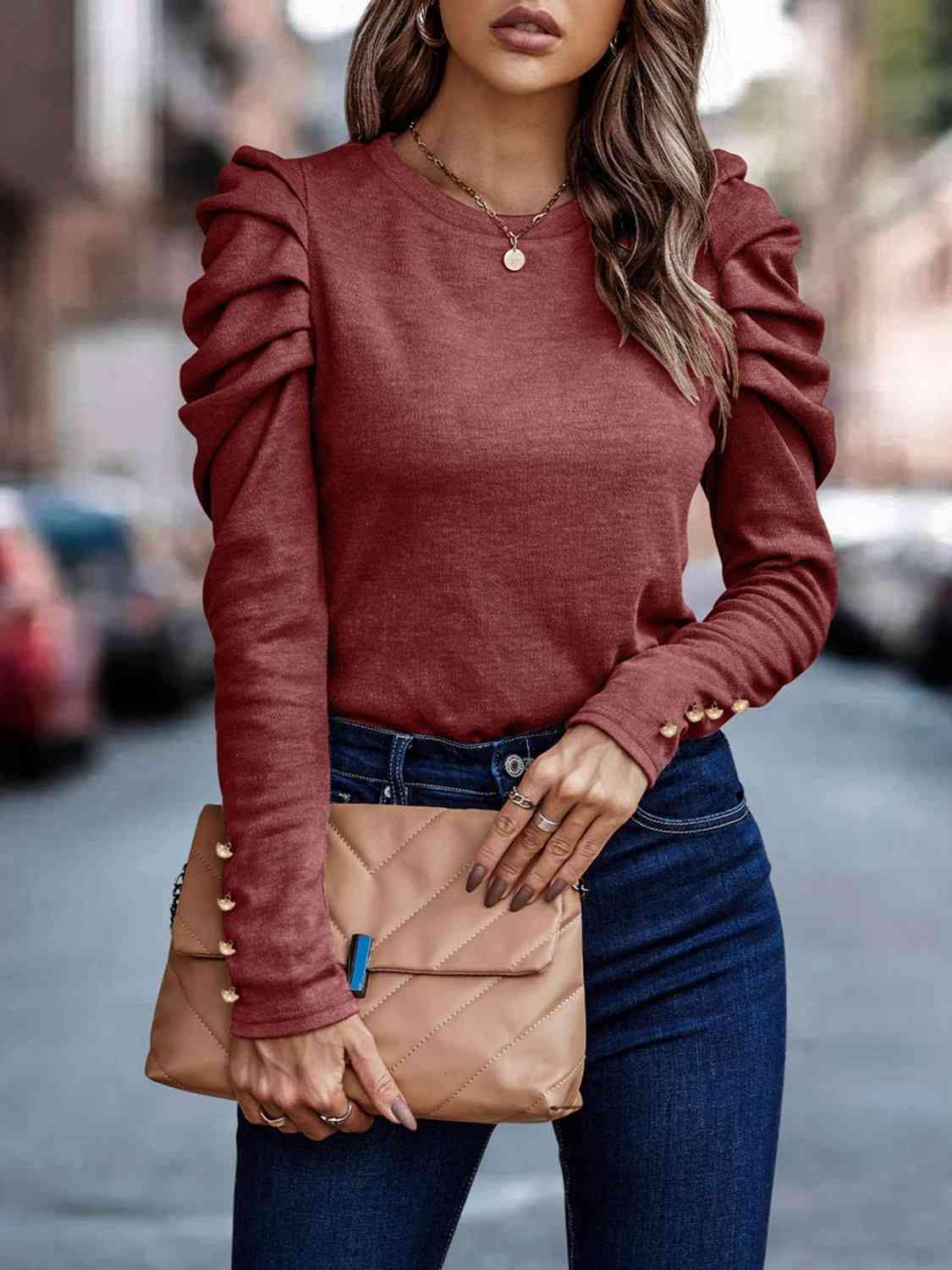 Decorative Button Puff Sleeve Shirt