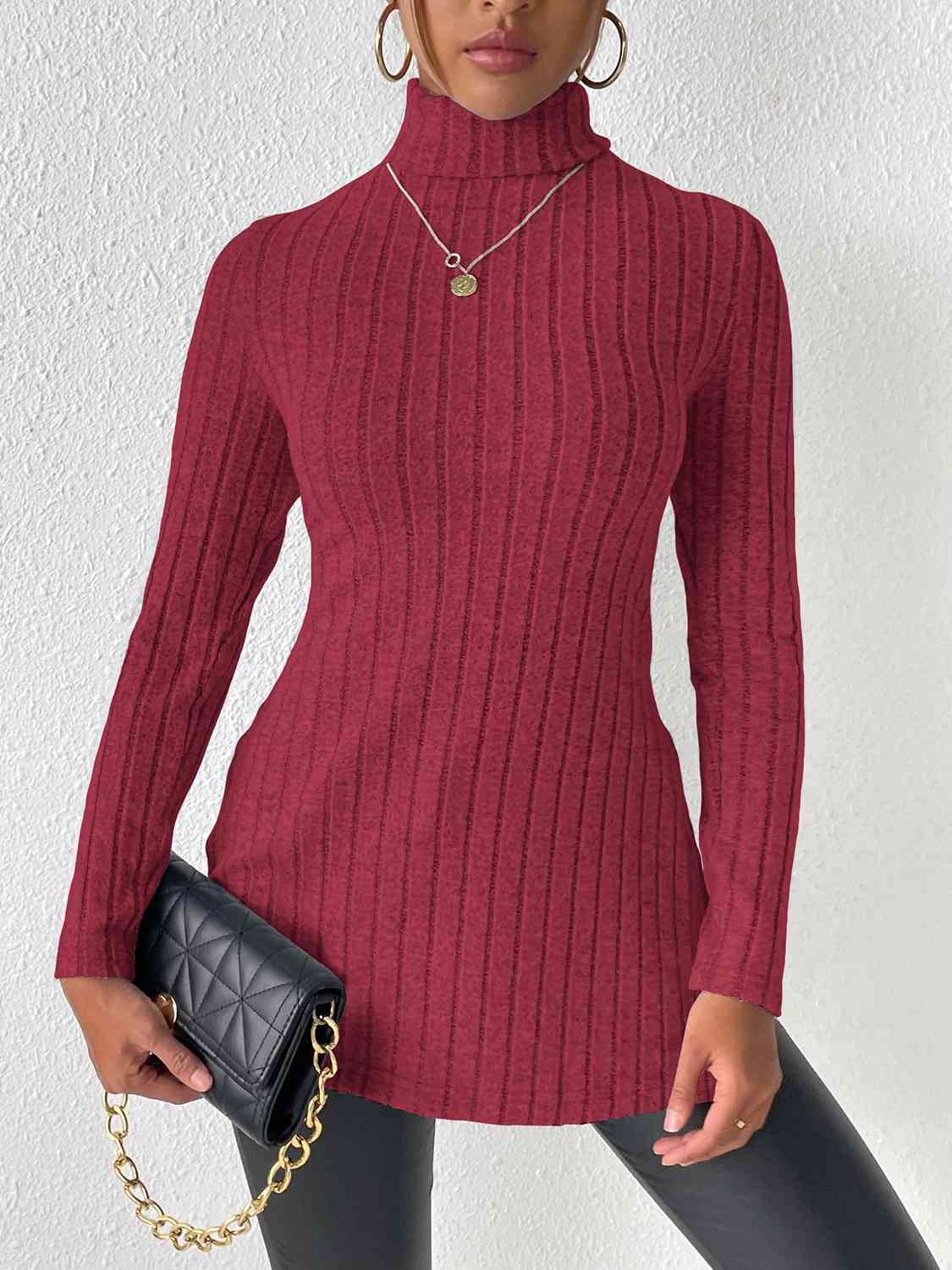 Ribbed Turtleneck Long Sleeve Slit Shirt