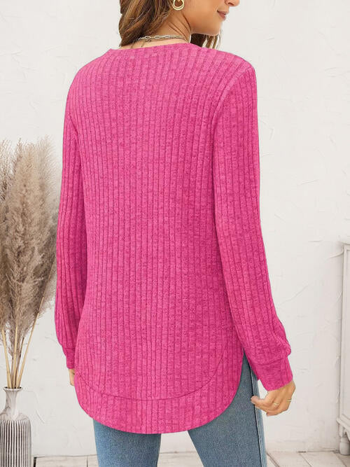 Ribbed Round Neck Long Sleeve Shirt