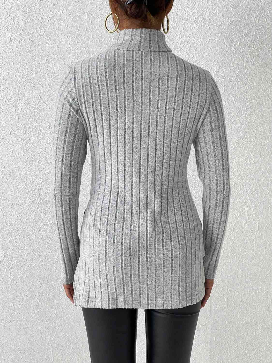Ribbed Turtleneck Long Sleeve Slit Shirt