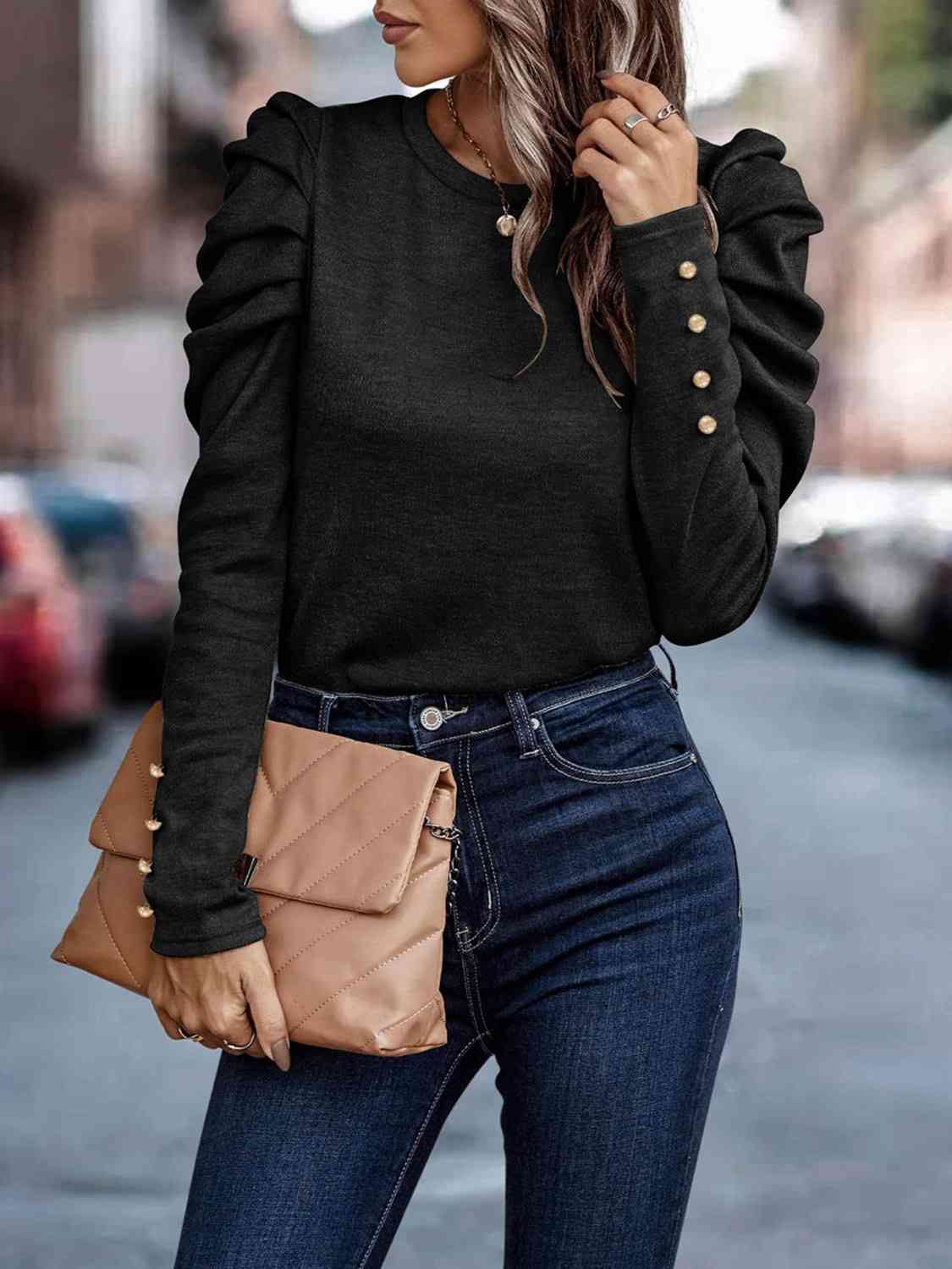 Decorative Button Puff Sleeve Shirt