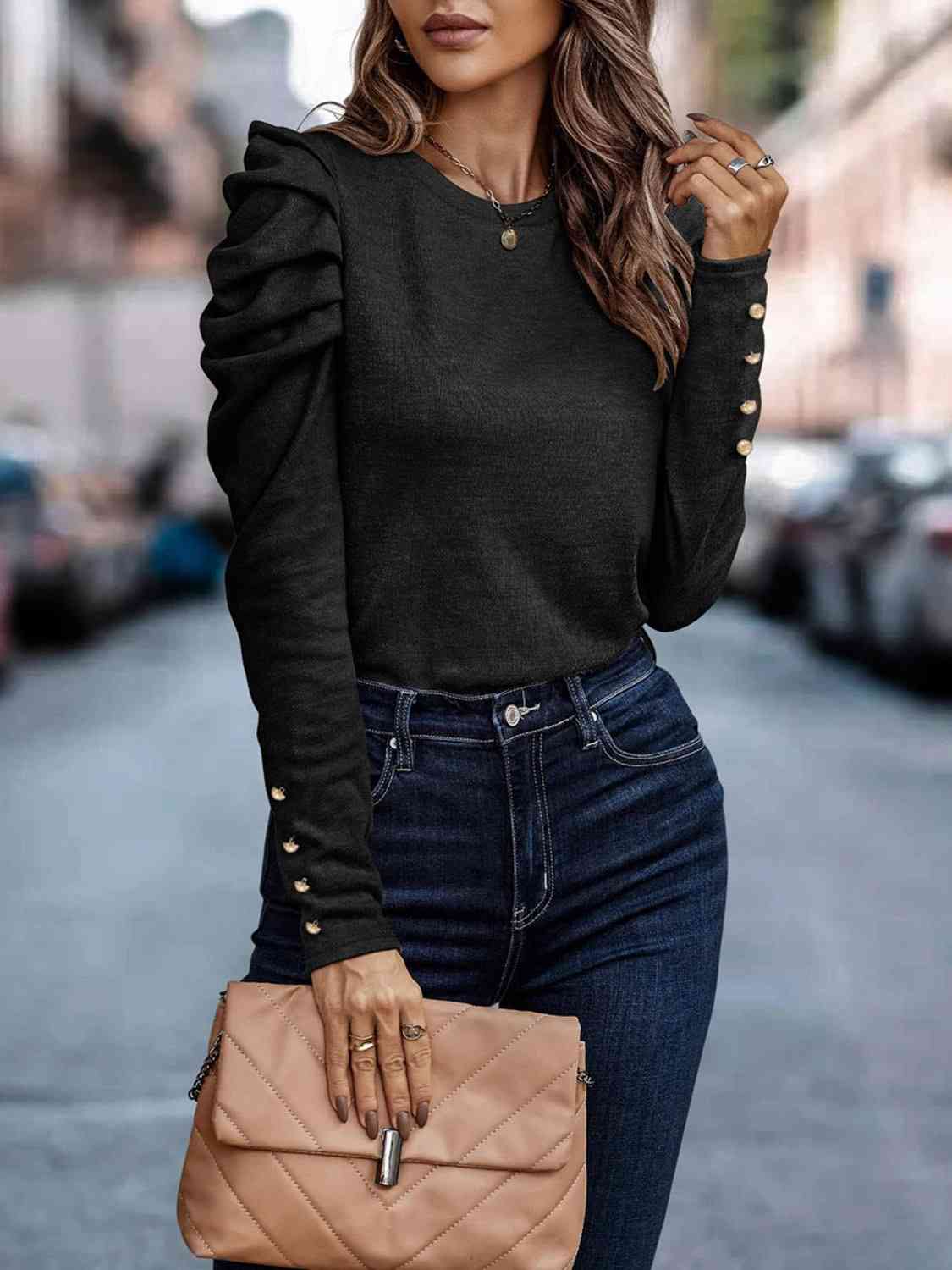 Decorative Button Puff Sleeve Shirt