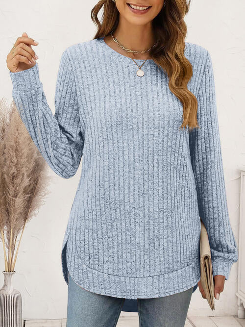 Ribbed Round Neck Long Sleeve Shirt