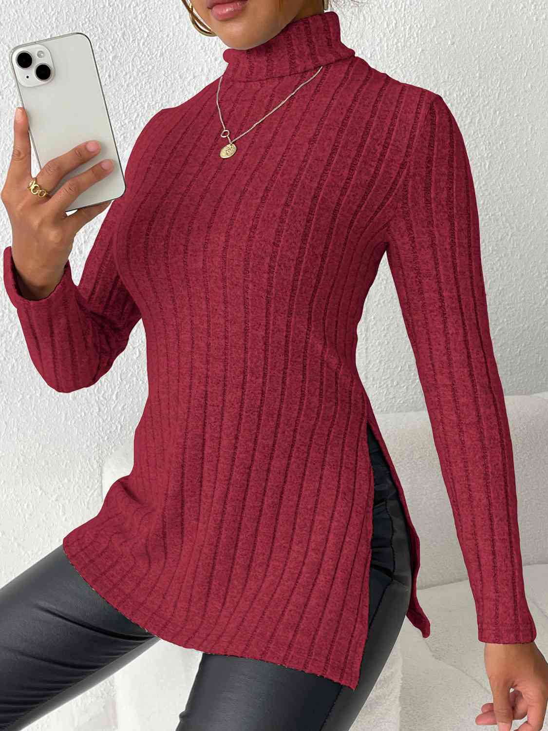 Ribbed Turtleneck Long Sleeve Slit Shirt