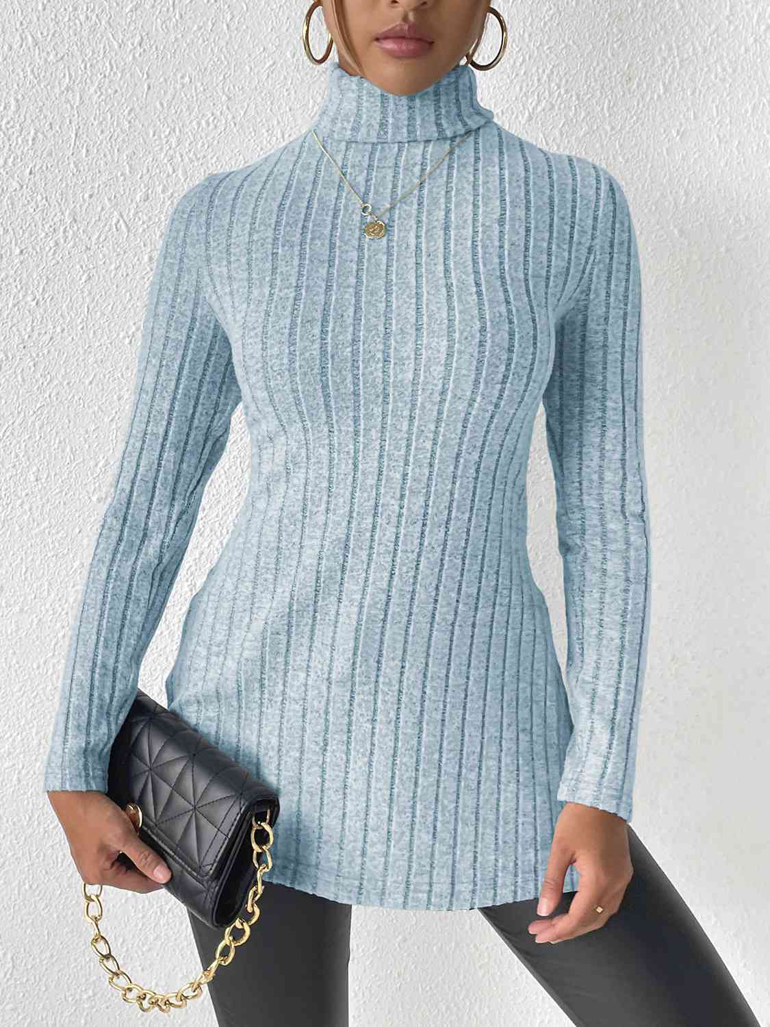 Ribbed Turtleneck Long Sleeve Slit Shirt
