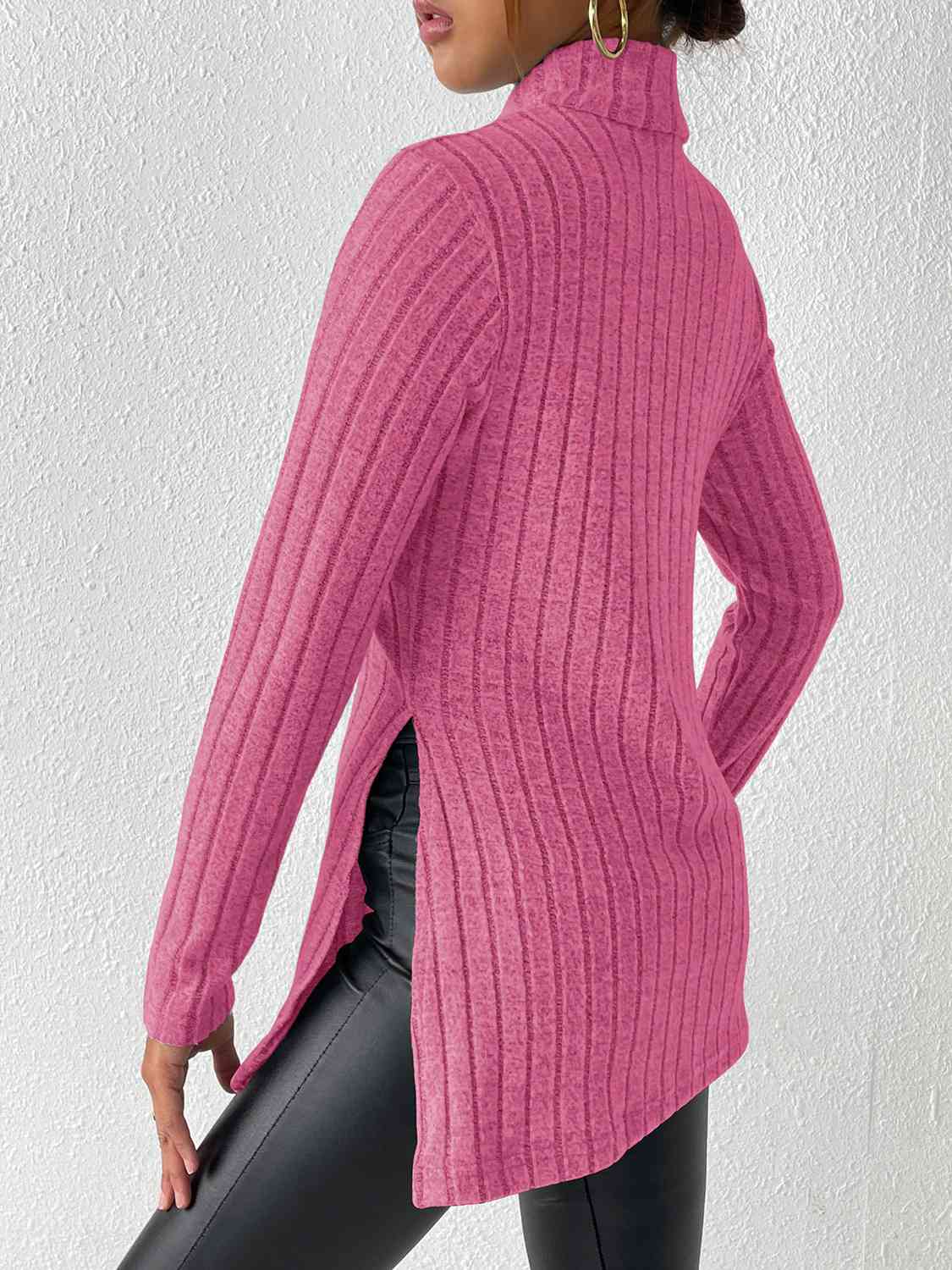Ribbed Turtleneck Long Sleeve Slit Shirt