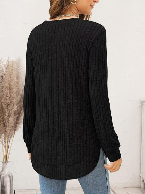 Ribbed Round Neck Long Sleeve Shirt