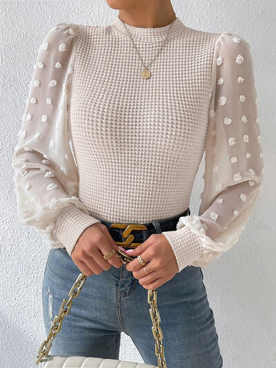 Swiss Dot Waffle-Knit Lantern Sleeve Shirt