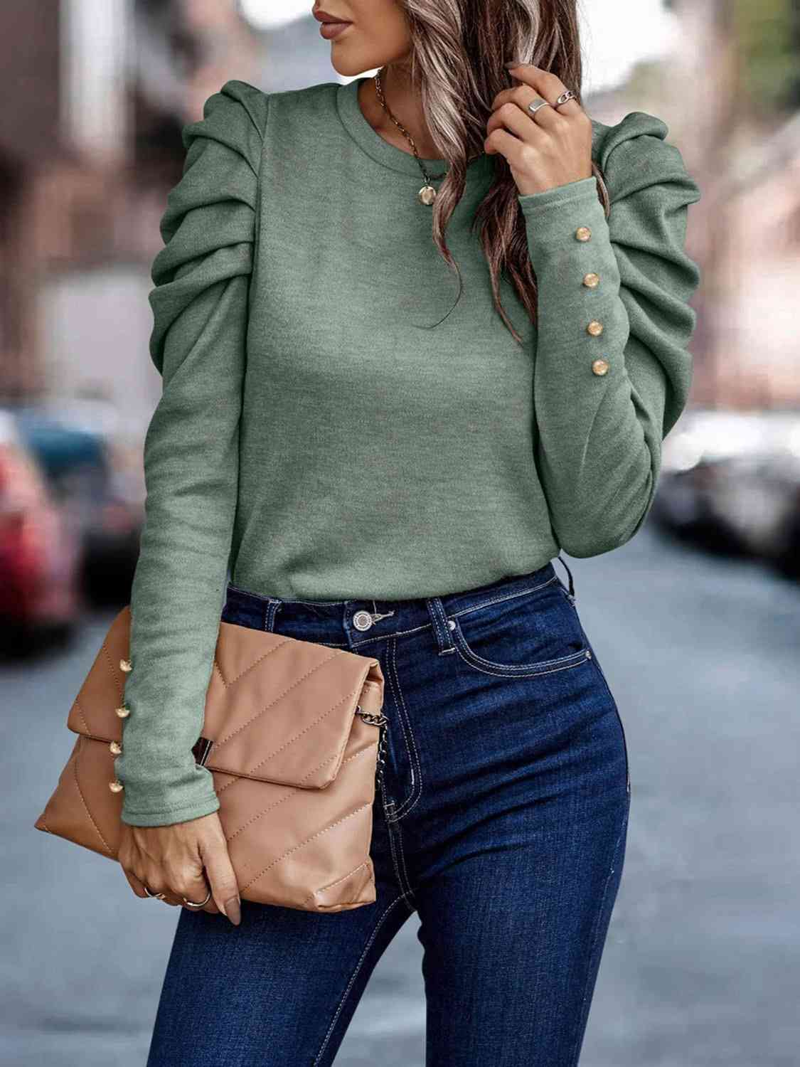 Decorative Button Puff Sleeve Shirt