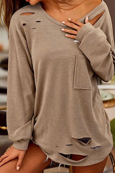 Distressed Pocketed Round Neck Long Sleeve Shirt