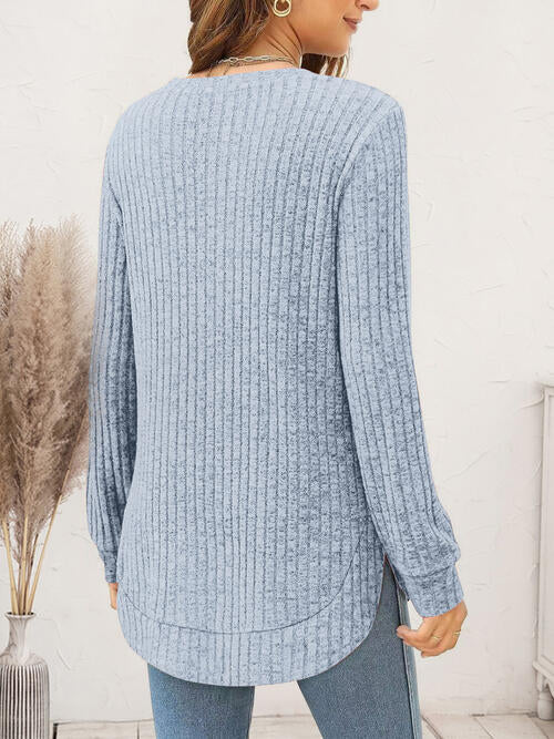 Ribbed Round Neck Long Sleeve Shirt