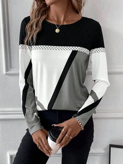 Contrast Round Neck Long Sleeve Shirt