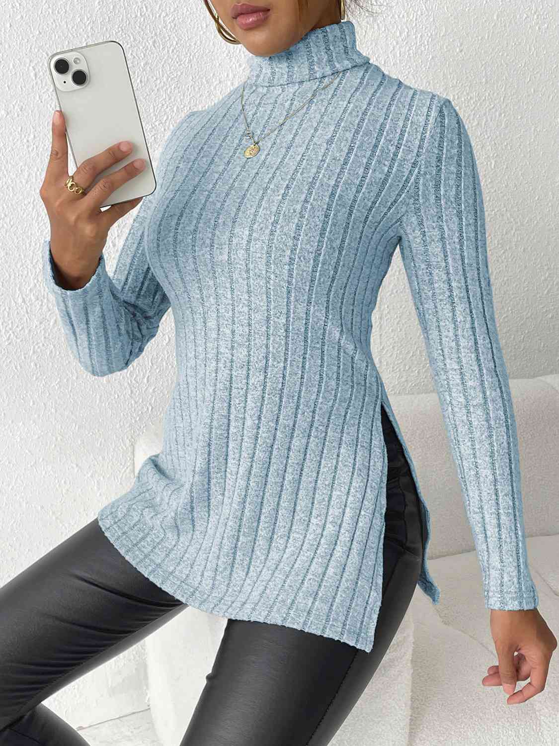Ribbed Turtleneck Long Sleeve Slit Shirt