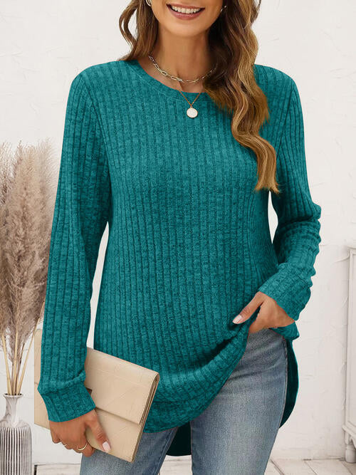Ribbed Round Neck Long Sleeve Shirt
