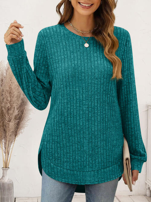 Ribbed Round Neck Long Sleeve Shirt