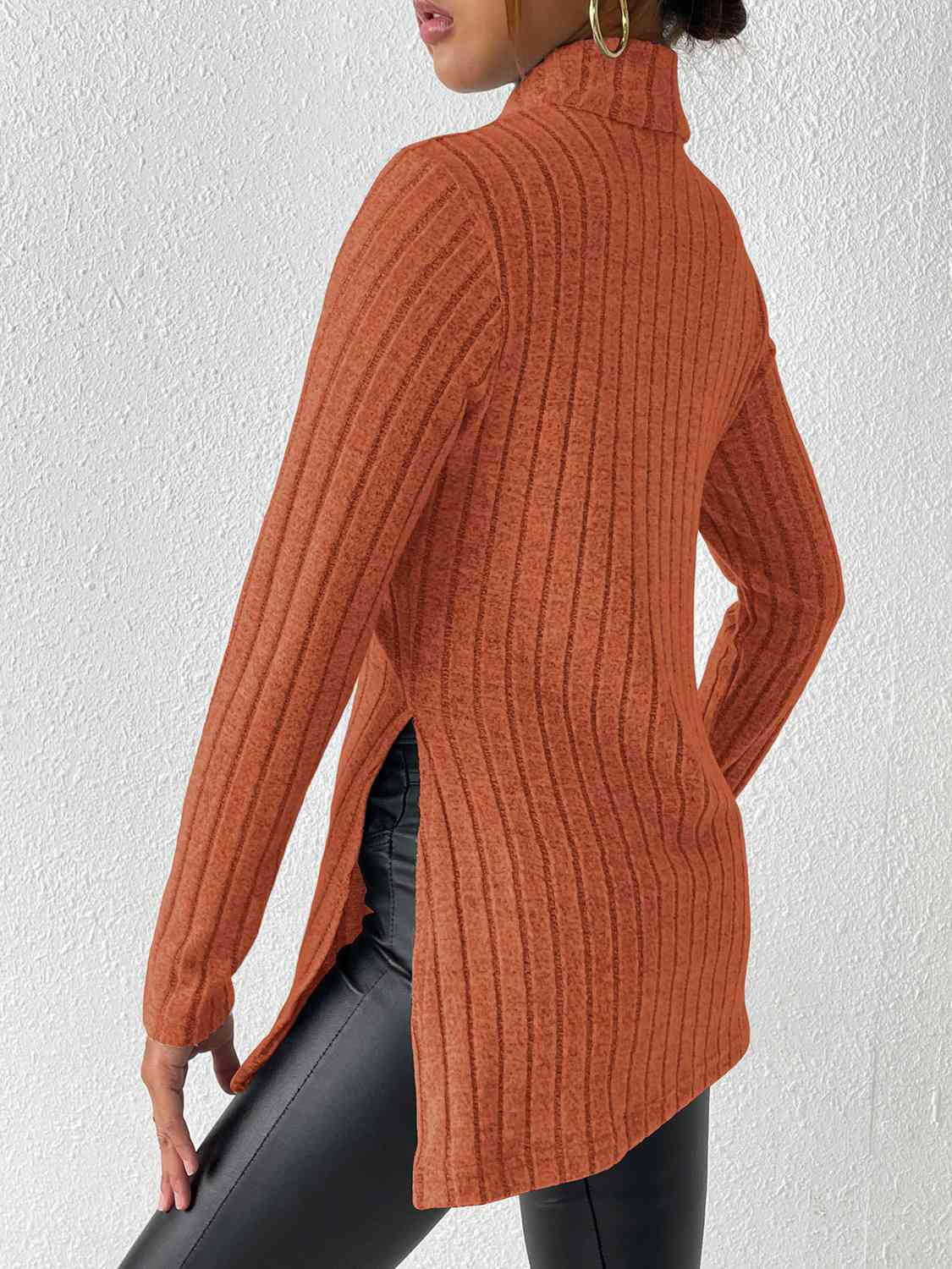 Ribbed Turtleneck Long Sleeve Slit Shirt