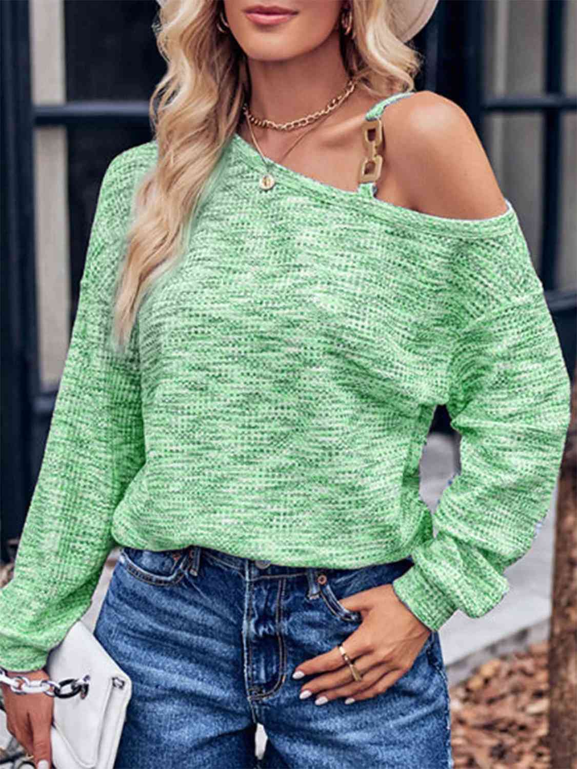 Heathered Asymmetrical Neck Long Sleeve Shirt