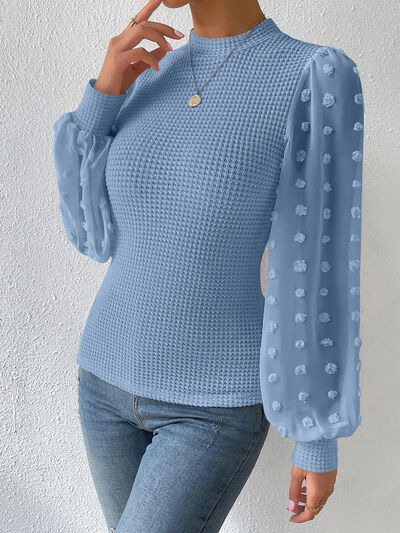 Swiss Dot Waffle-Knit Lantern Sleeve Shirt