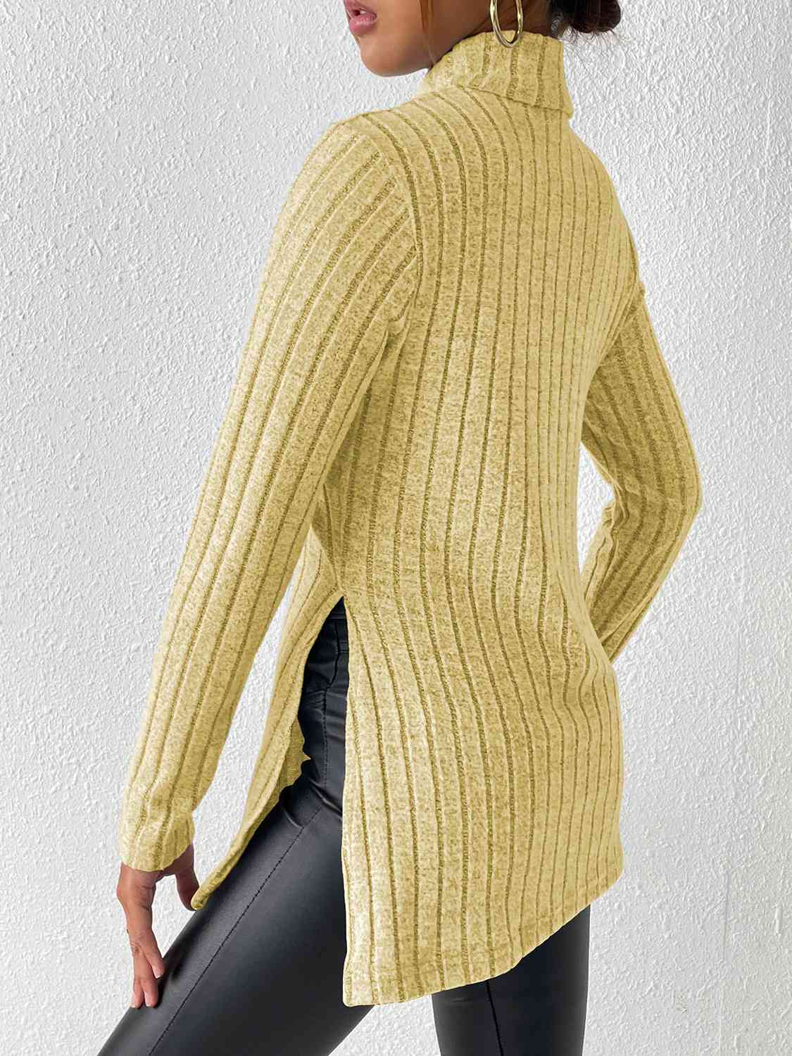 Ribbed Turtleneck Long Sleeve Slit Shirt