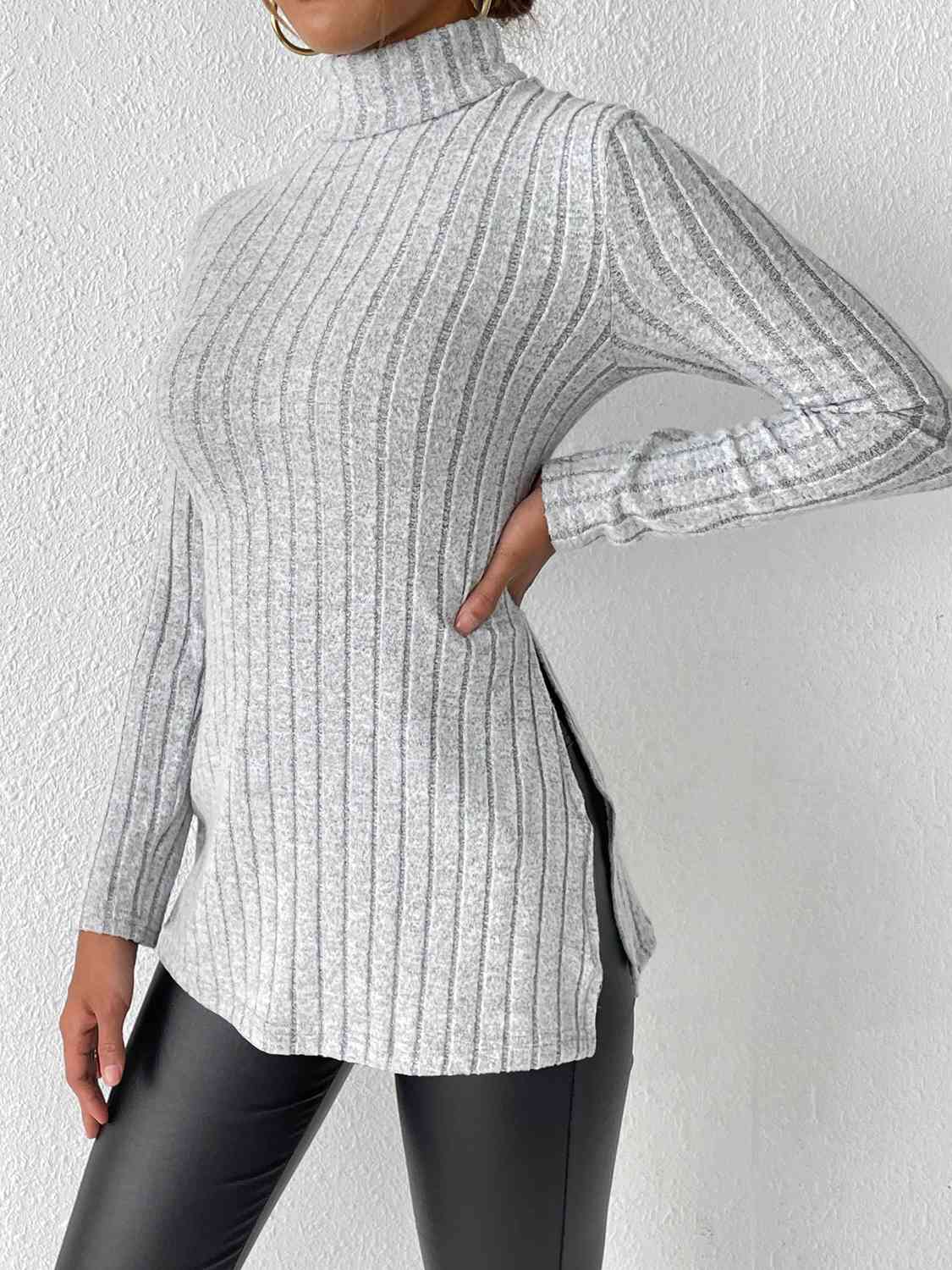 Ribbed Turtleneck Long Sleeve Slit Shirt