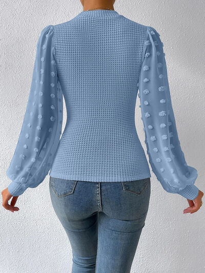 Swiss Dot Waffle-Knit Lantern Sleeve Shirt