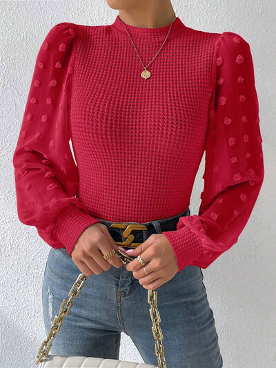 Swiss Dot Waffle-Knit Lantern Sleeve Shirt
