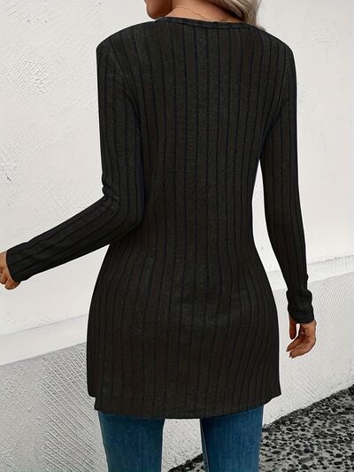 Slit Ribbed Round Neck Long Sleeve Shirt