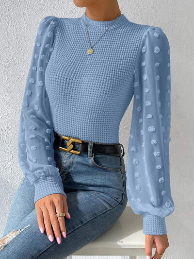 Swiss Dot Waffle-Knit Lantern Sleeve Shirt