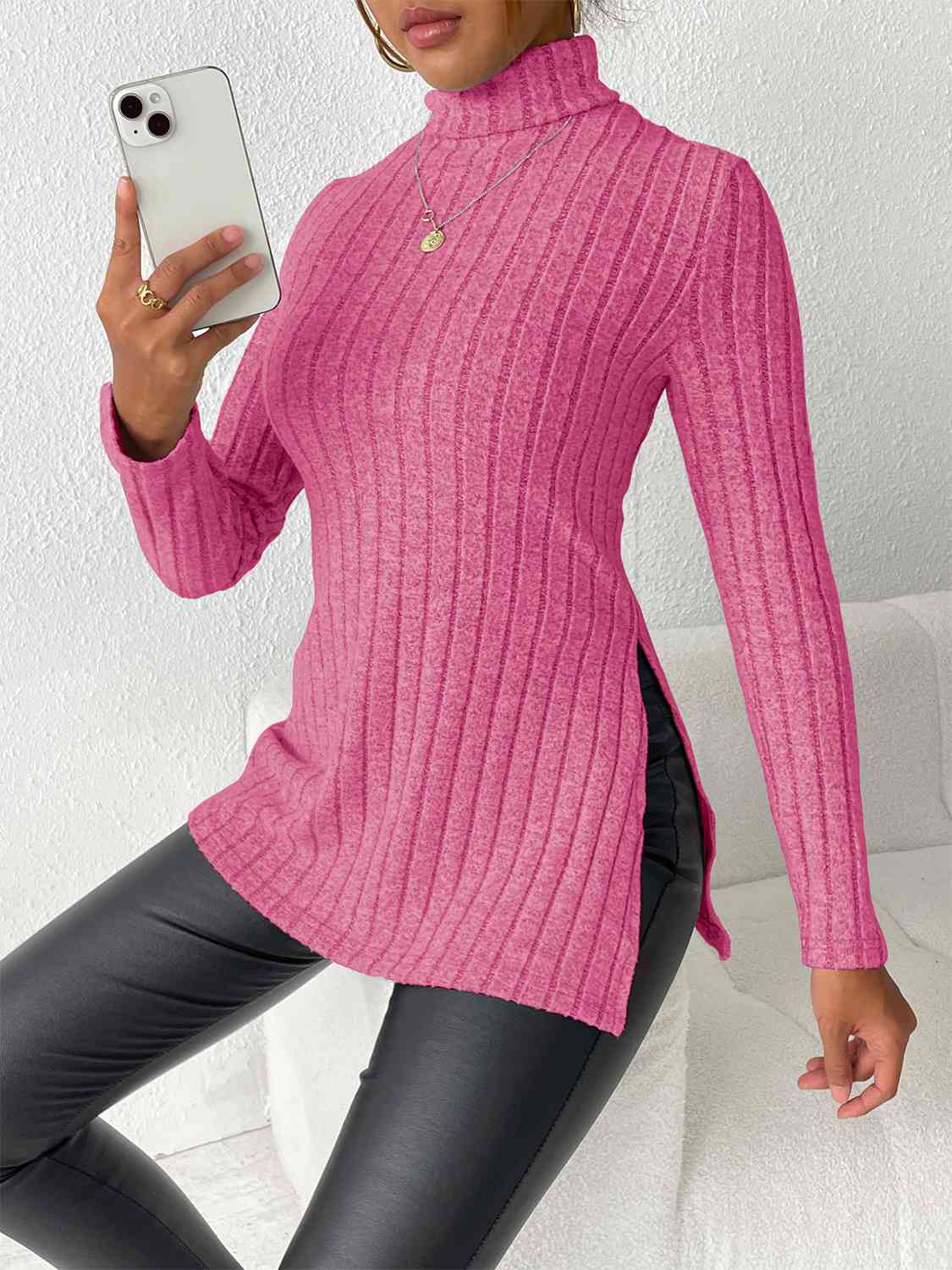 Ribbed Turtleneck Long Sleeve Slit Shirt