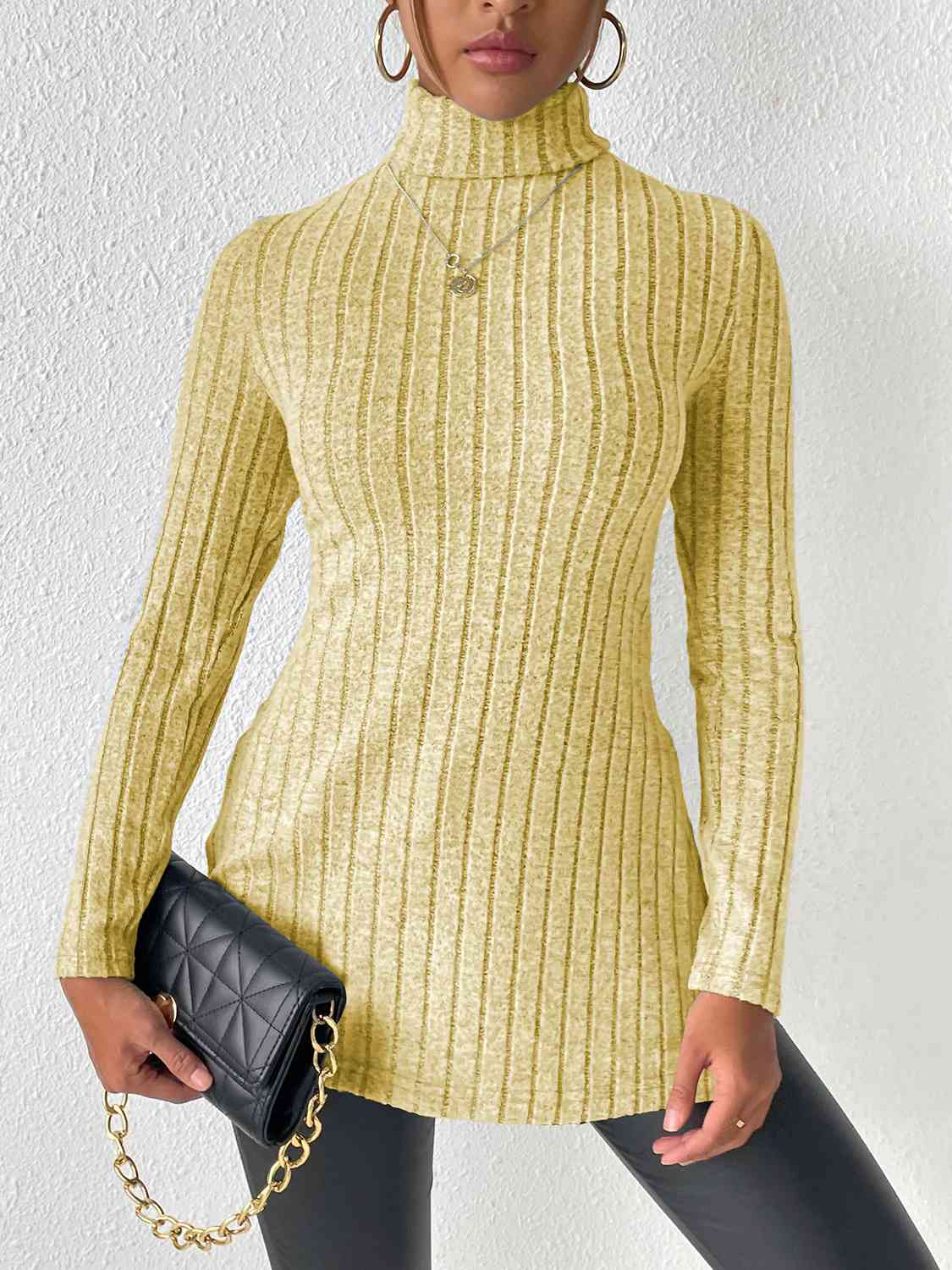 Ribbed Turtleneck Long Sleeve Slit Shirt