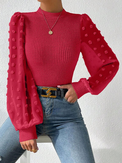 Swiss Dot Waffle-Knit Lantern Sleeve Shirt