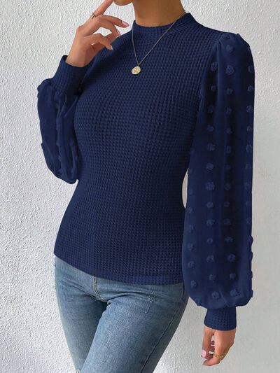 Swiss Dot Waffle-Knit Lantern Sleeve Shirt