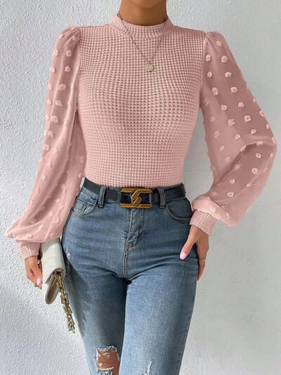 Swiss Dot Waffle-Knit Lantern Sleeve Shirt