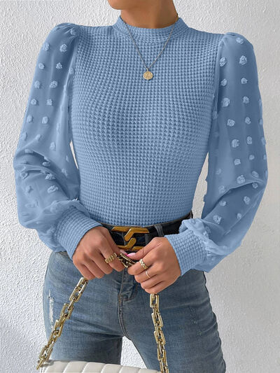 Swiss Dot Waffle-Knit Lantern Sleeve Shirt