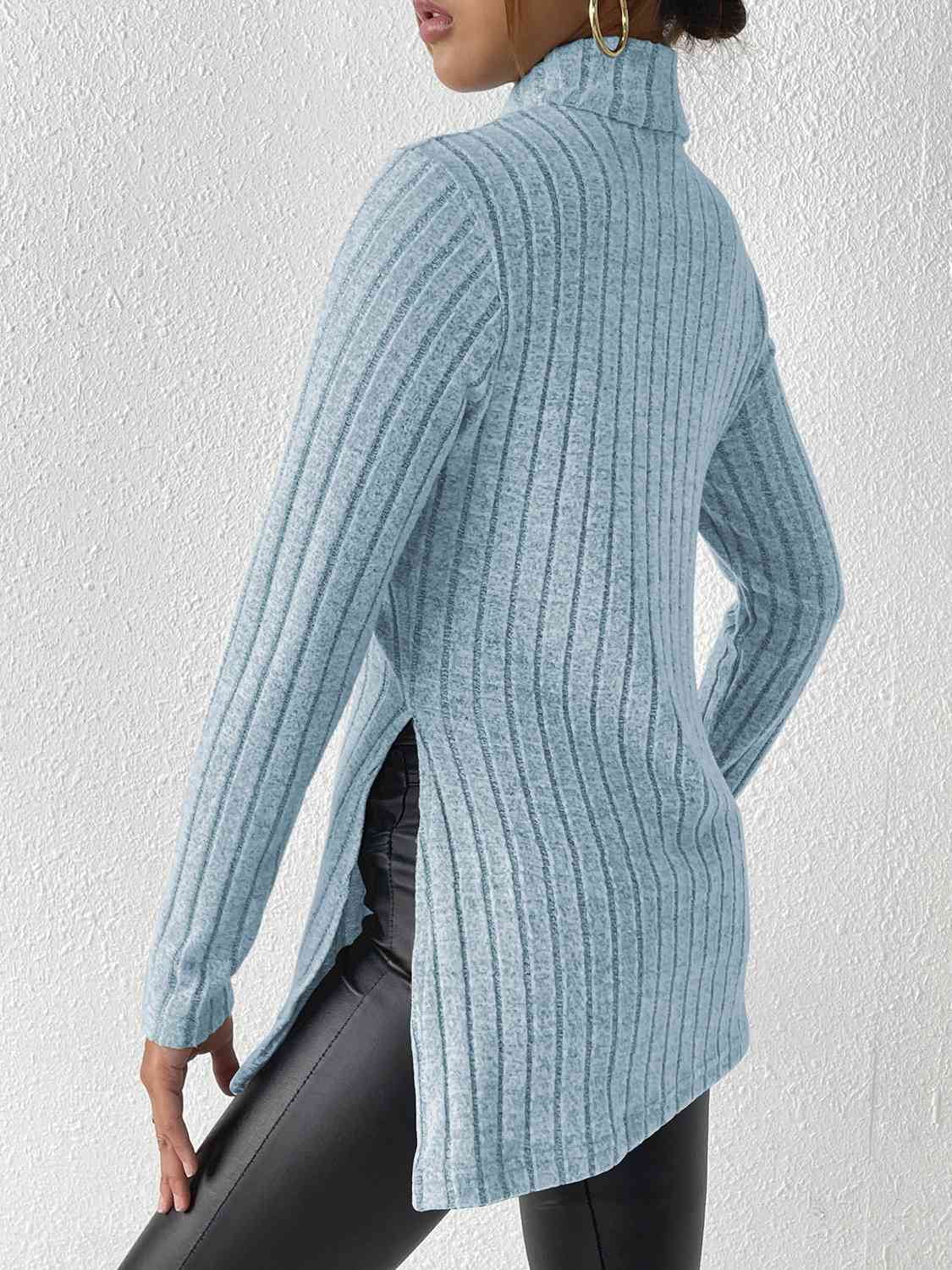 Ribbed Turtleneck Long Sleeve Slit Shirt