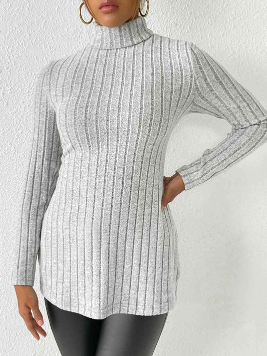 Ribbed Turtleneck Long Sleeve Slit Shirt