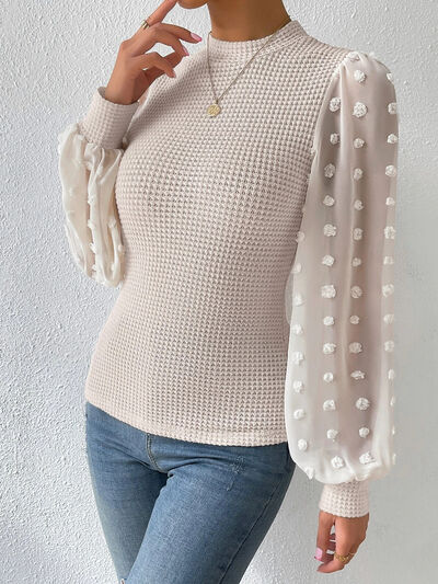 Swiss Dot Waffle-Knit Lantern Sleeve Shirt